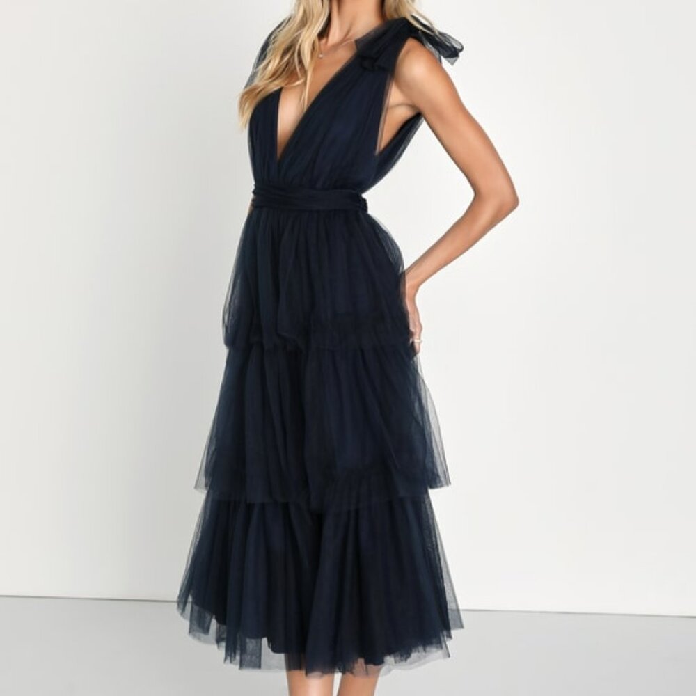 Lulus Flawless Arrival Navy Blue Tulle Tie-strap Tiered Maxi Dress - Size M